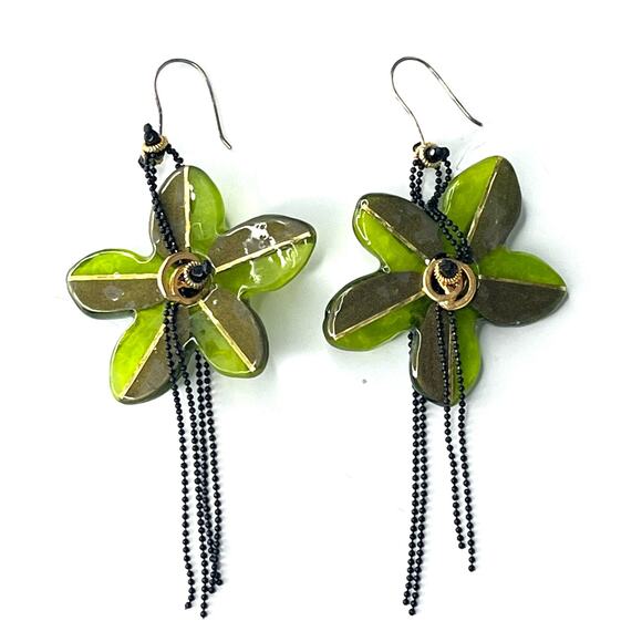 VTG Lalo FLOWER EARRINGS 4" Dangle Drop Green Gold Resin Black Bead Chains - Picture 2 of 6